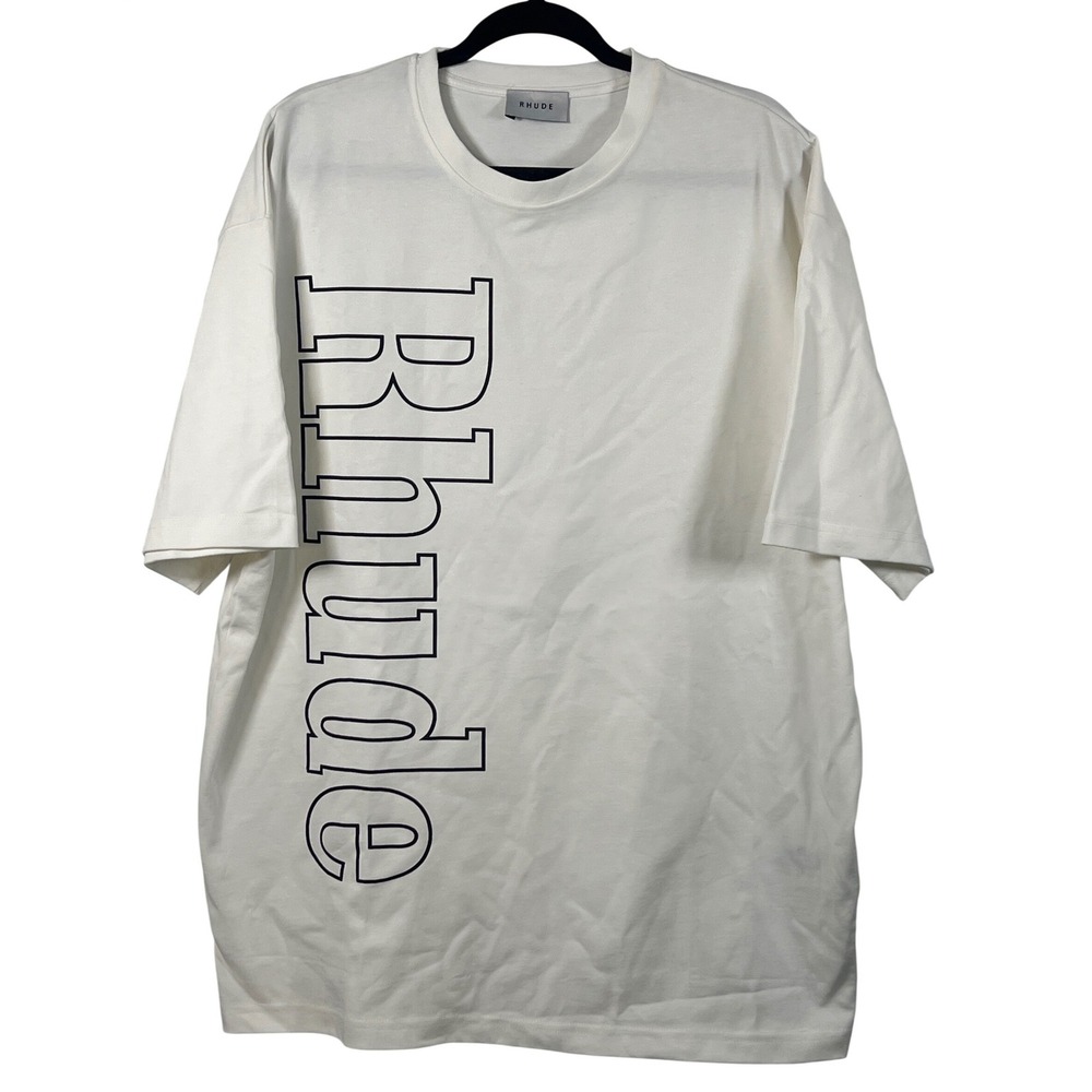 RHUDE Mens XL Vintage White Black Side Logo Short Sleeve Streetwear Oversized